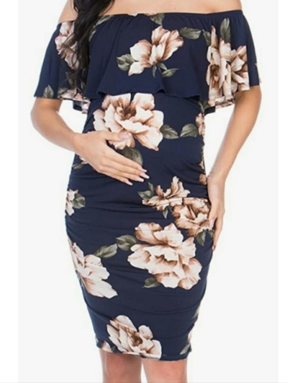 Navy Off-Shoulder Floral Maternity Dress Size Small